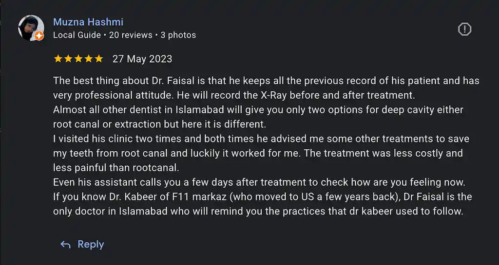 Five-star Google review praising conservative dentistry, patient care, and treatment outcomes provided by Dr. Faisal Zahoor.