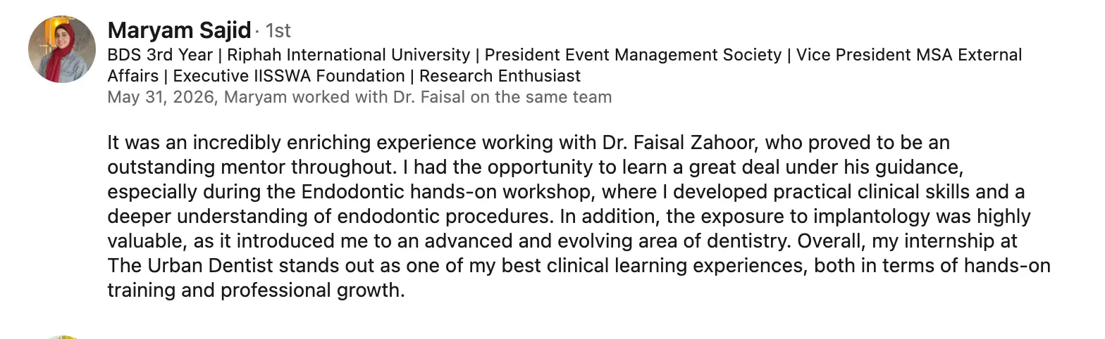 Student recommendation describing endodontic training, implantology exposure, and mentorship provided by Dr. Faisal Zahoor.