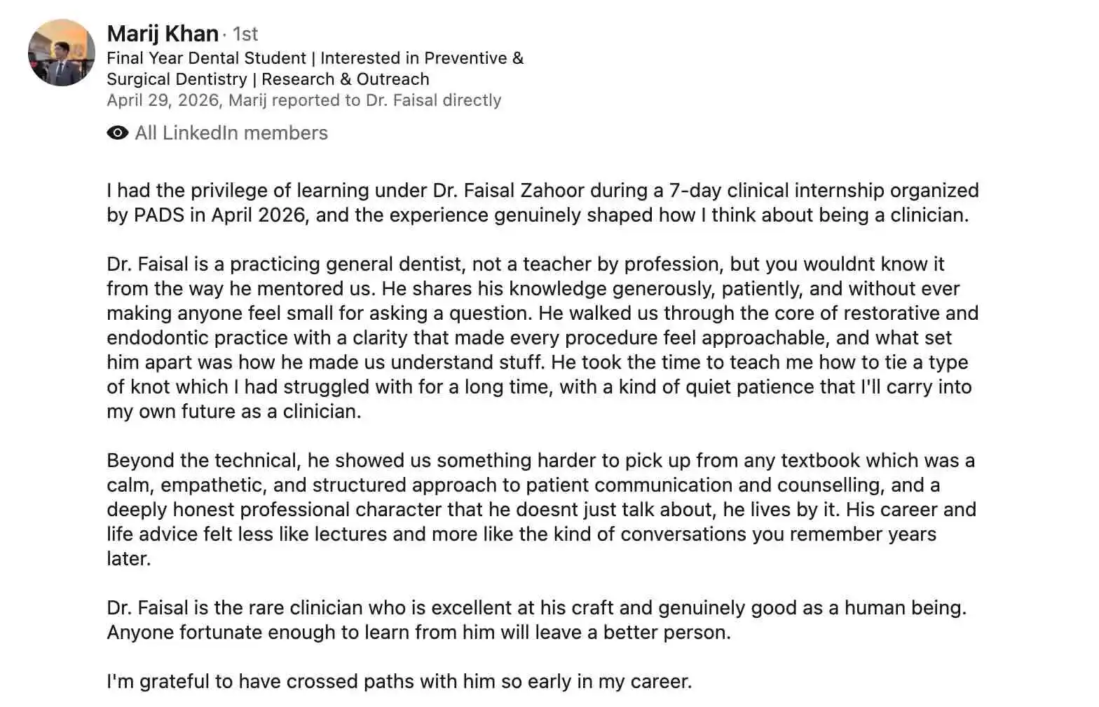 Recommendation from dental student Marij Khan highlighting clinical mentorship, restorative dentistry teaching, and professional guidance by Dr. Faisal Zahoor.