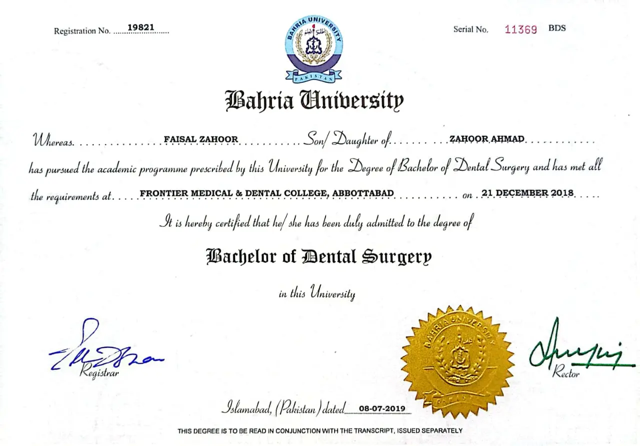 Bachelor of Dental Surgery degree awarded to Dr. Faisal Zahoor by Bahria University Pakistan.